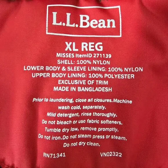 L.L. Bean Winter Warmer Insulated Hooded Coat XL Reg. Red Zip & Snap Closure - Picture 12 of 12
